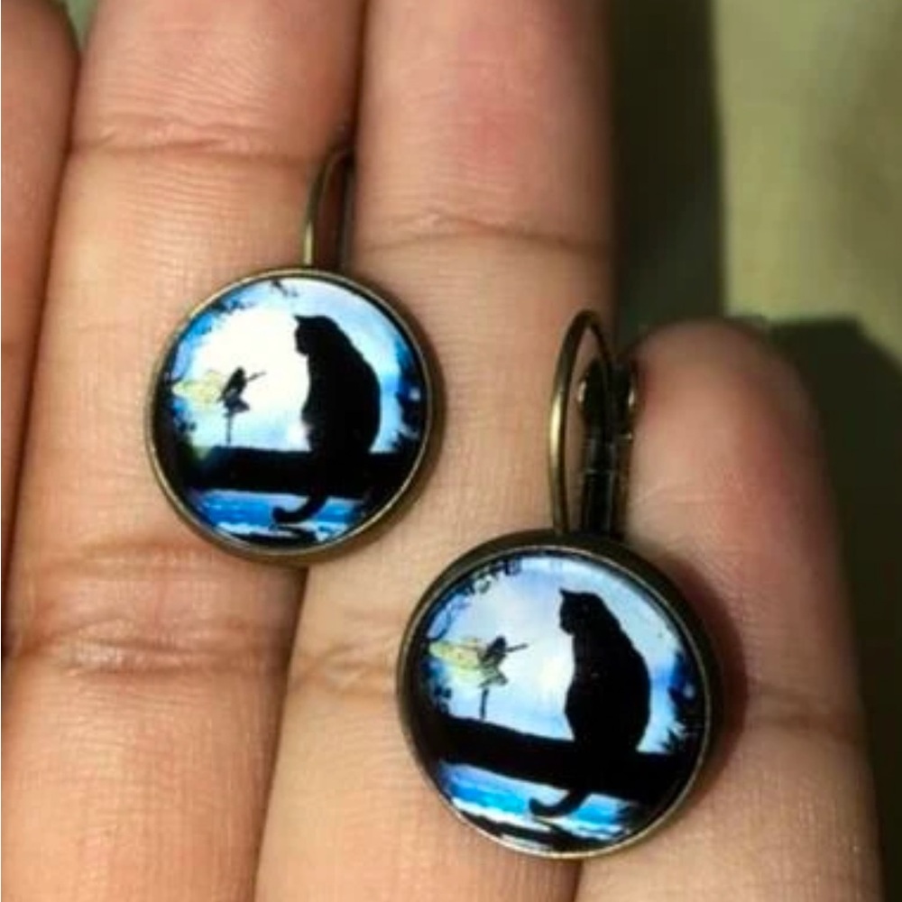 🔥Bewitching Gothic Black Cat in the Fairy Moon Art Glass Fairycore Earrings🔥